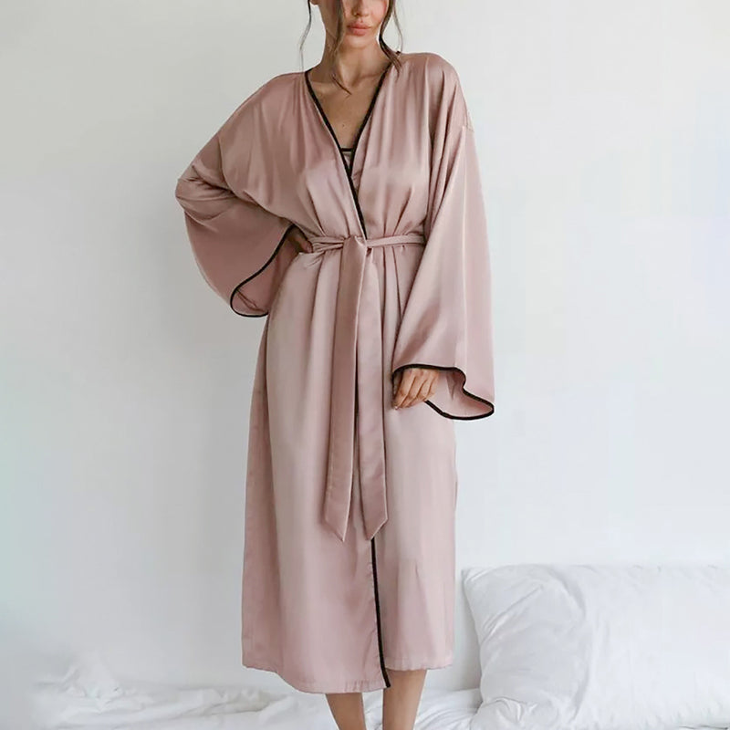 Long Sleeves Satin Wrap Midi Robes