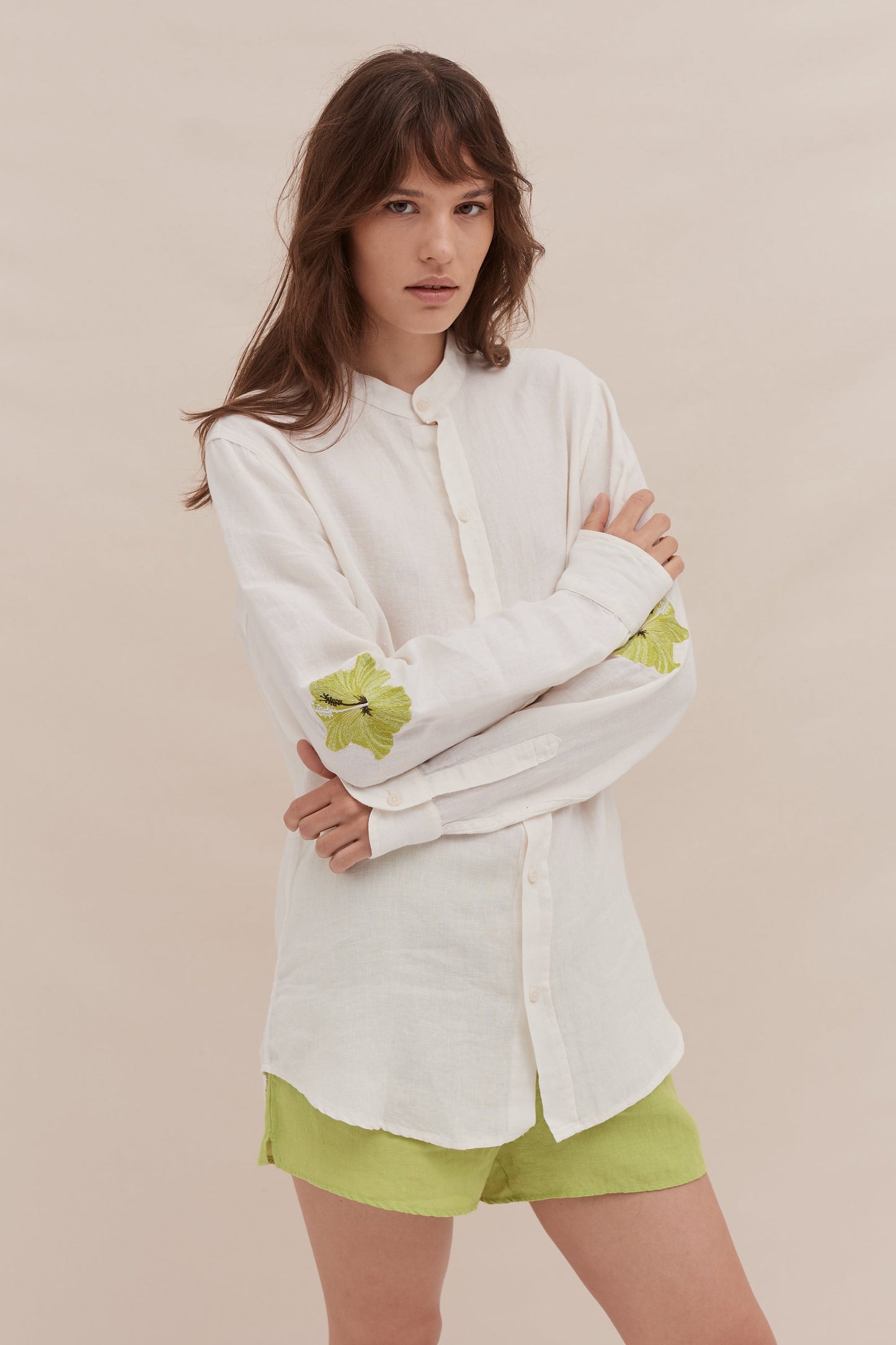 Grandad Collar Shirt & Easy Short Set Embroidered Cream/Lime Linen