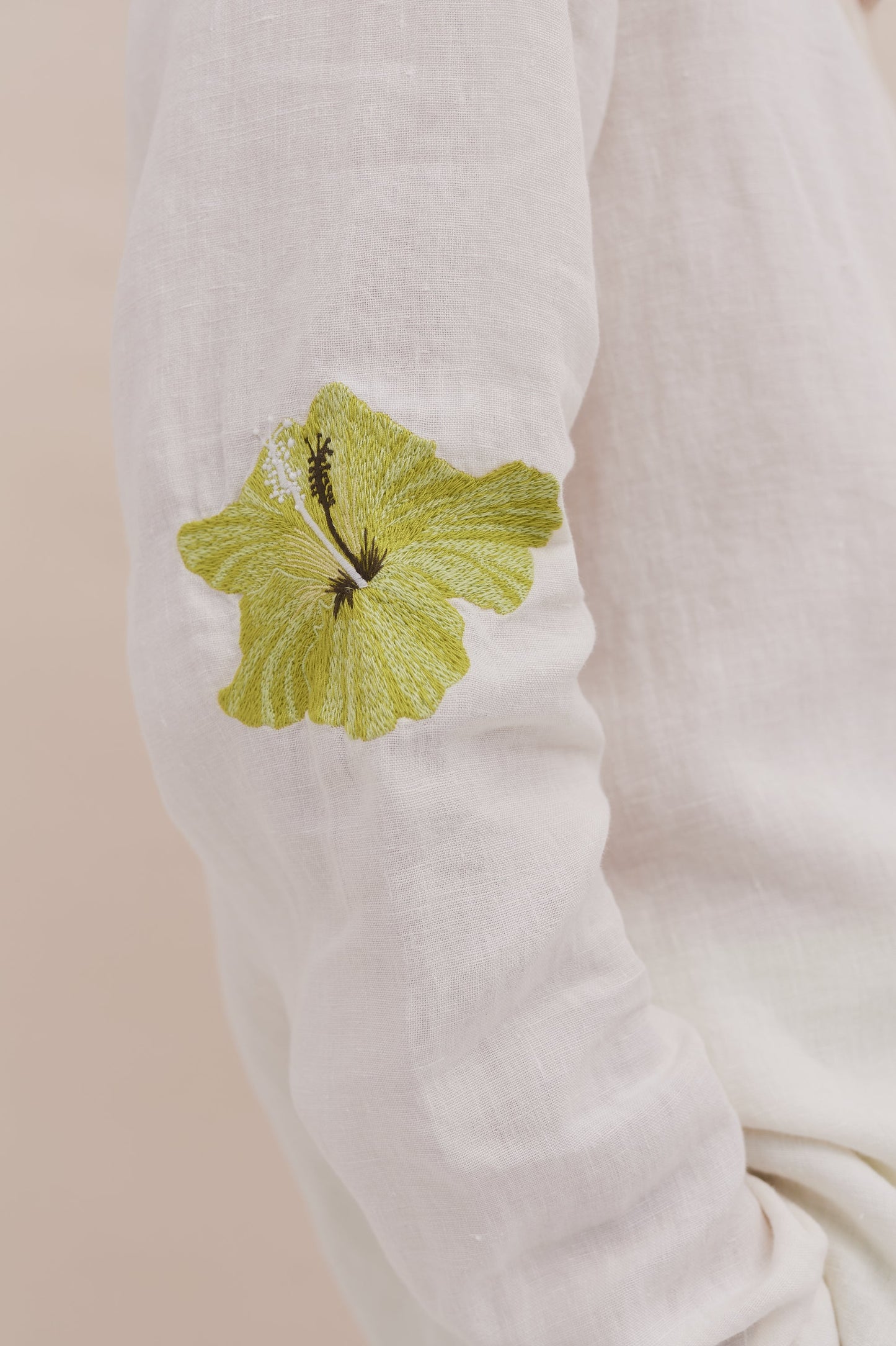 Grandad Collar Shirt & Easy Short Set Embroidered Cream/Lime Linen