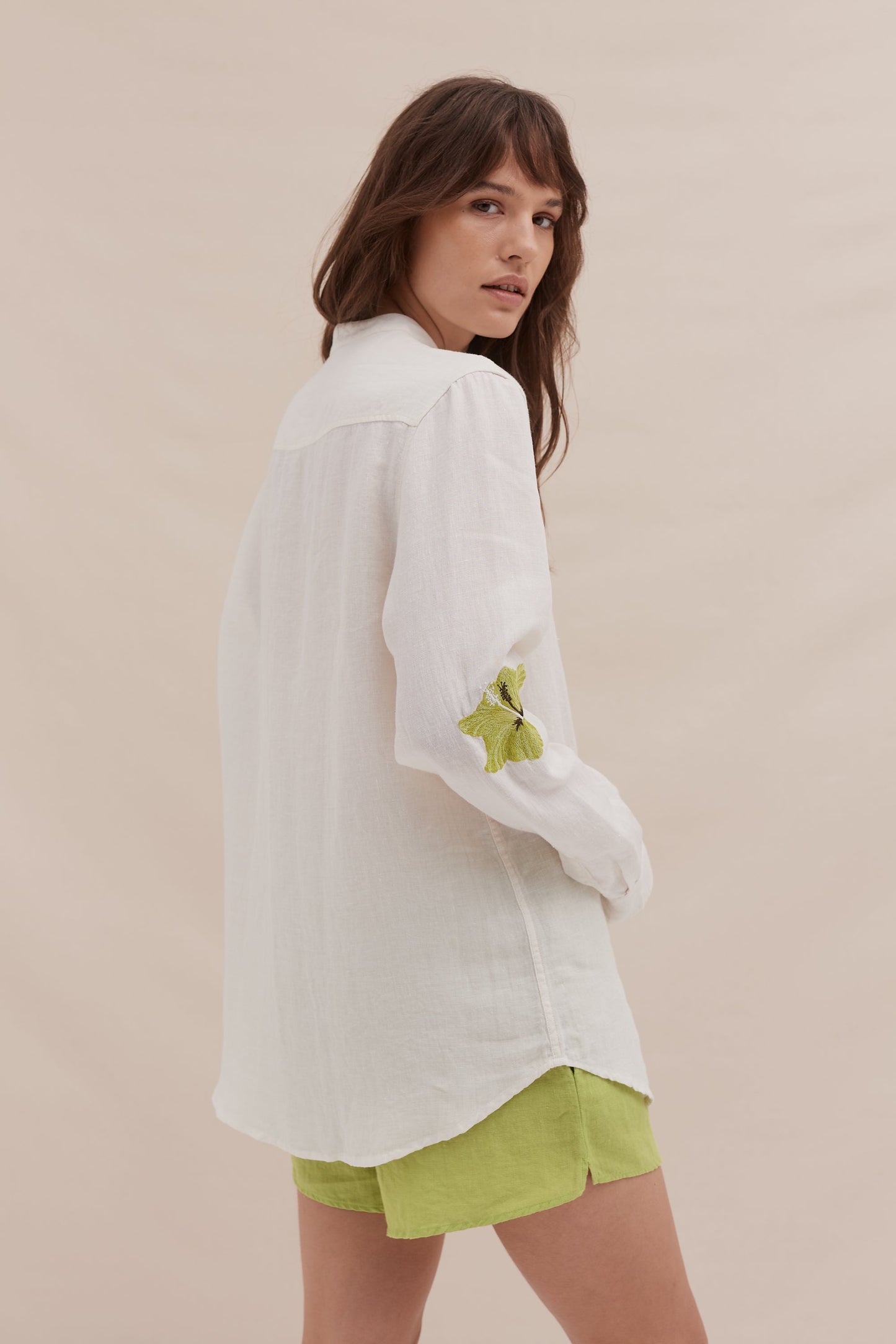 Grandad Collar Shirt & Easy Short Set Embroidered Cream/Lime Linen