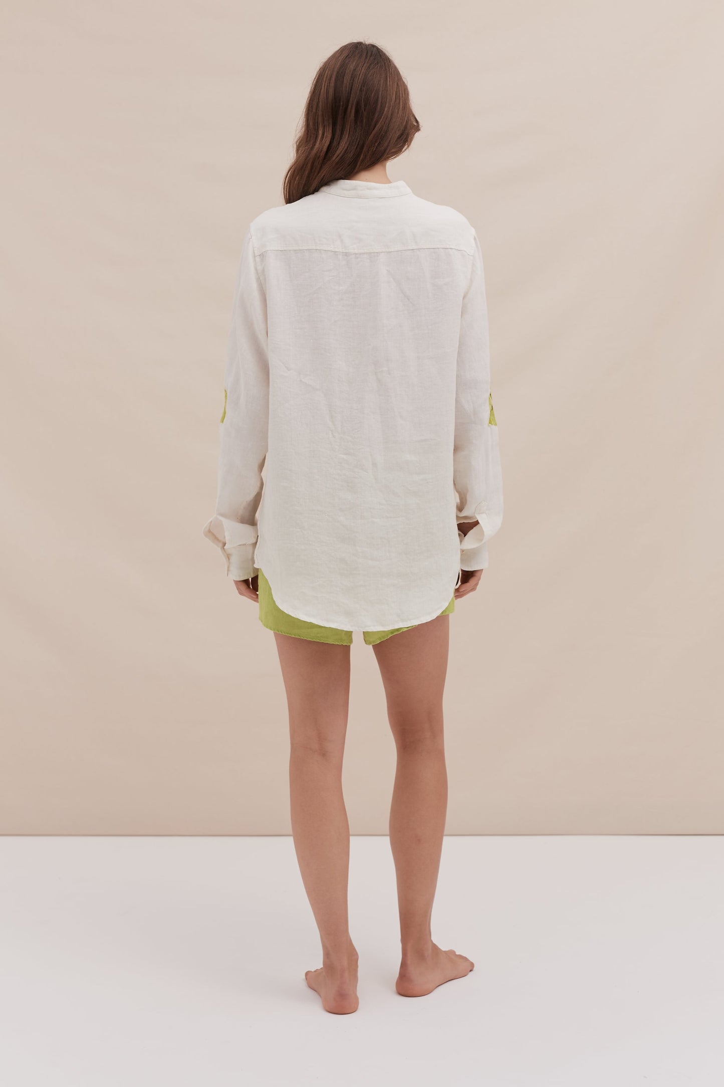 Grandad Collar Shirt & Easy Short Set Embroidered Cream/Lime Linen