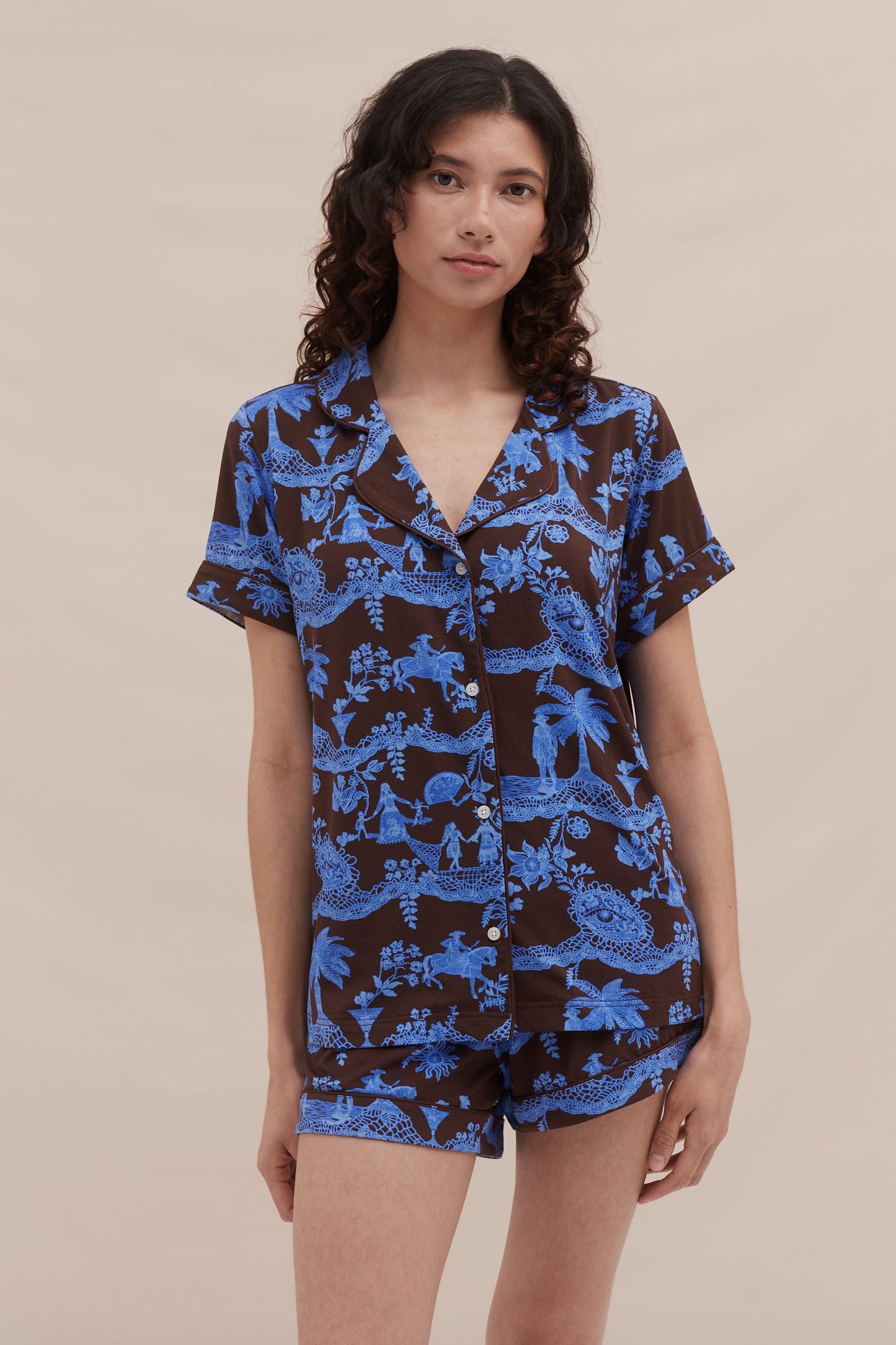Lyocell Jersey Short Pyjama Set Lace Espresso/Ice Blue