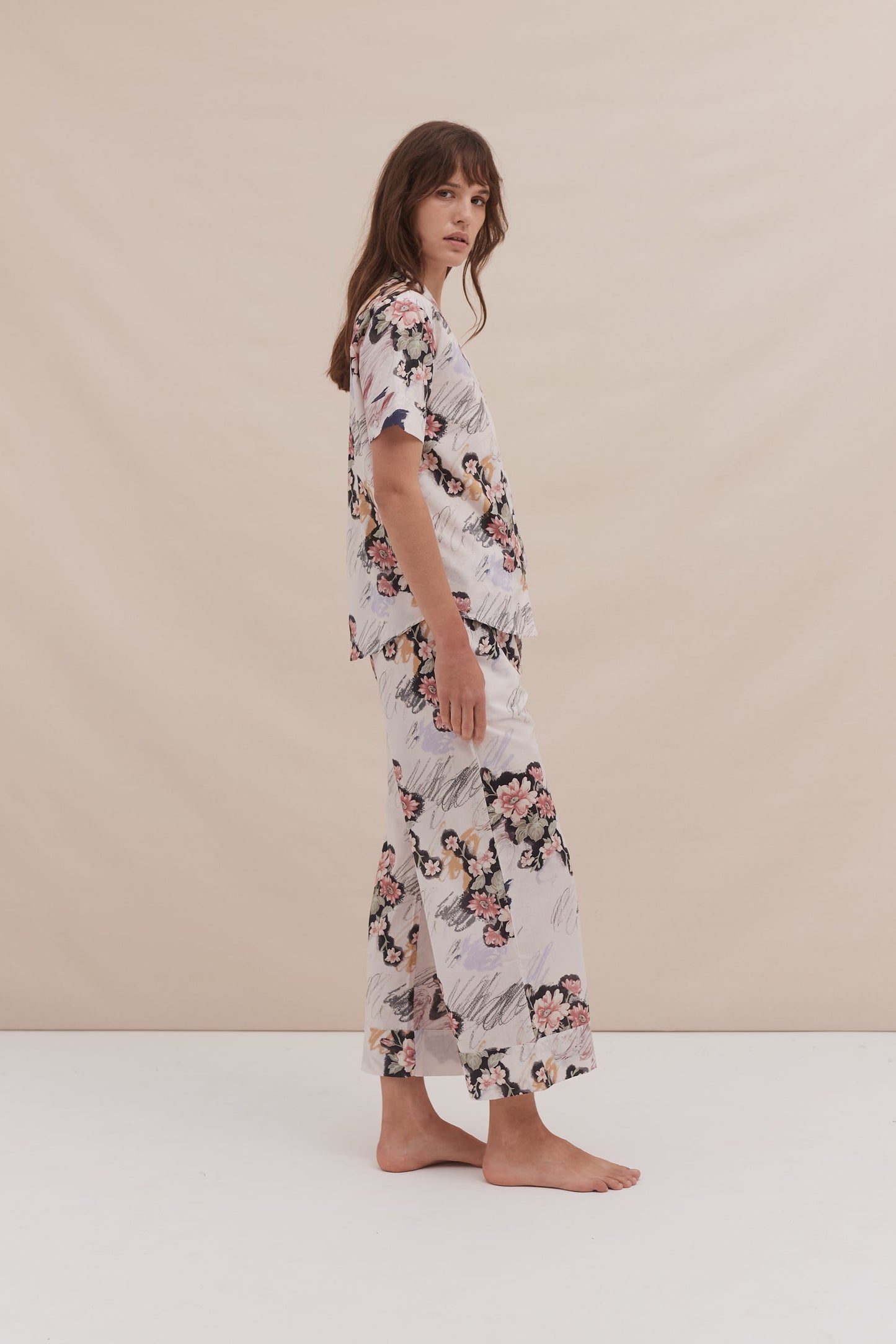 Short Sleeve and Wide Leg Trouser Set Love Print Chalk