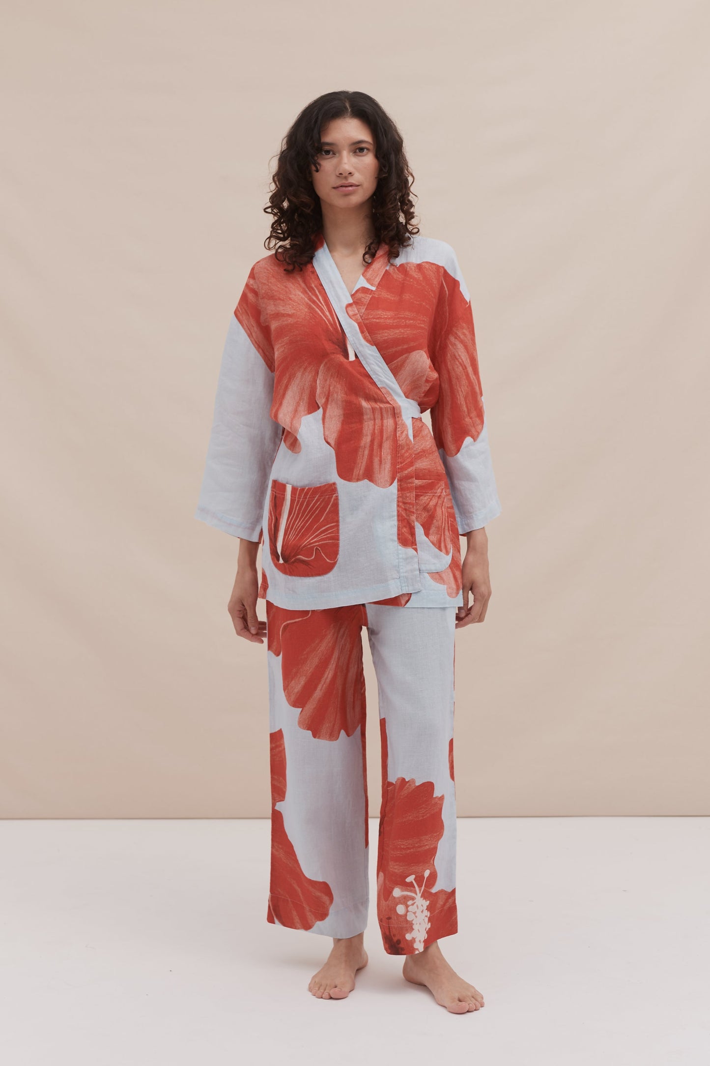 Wrap Set Grand Hibiscus Print Blue/Red Linen