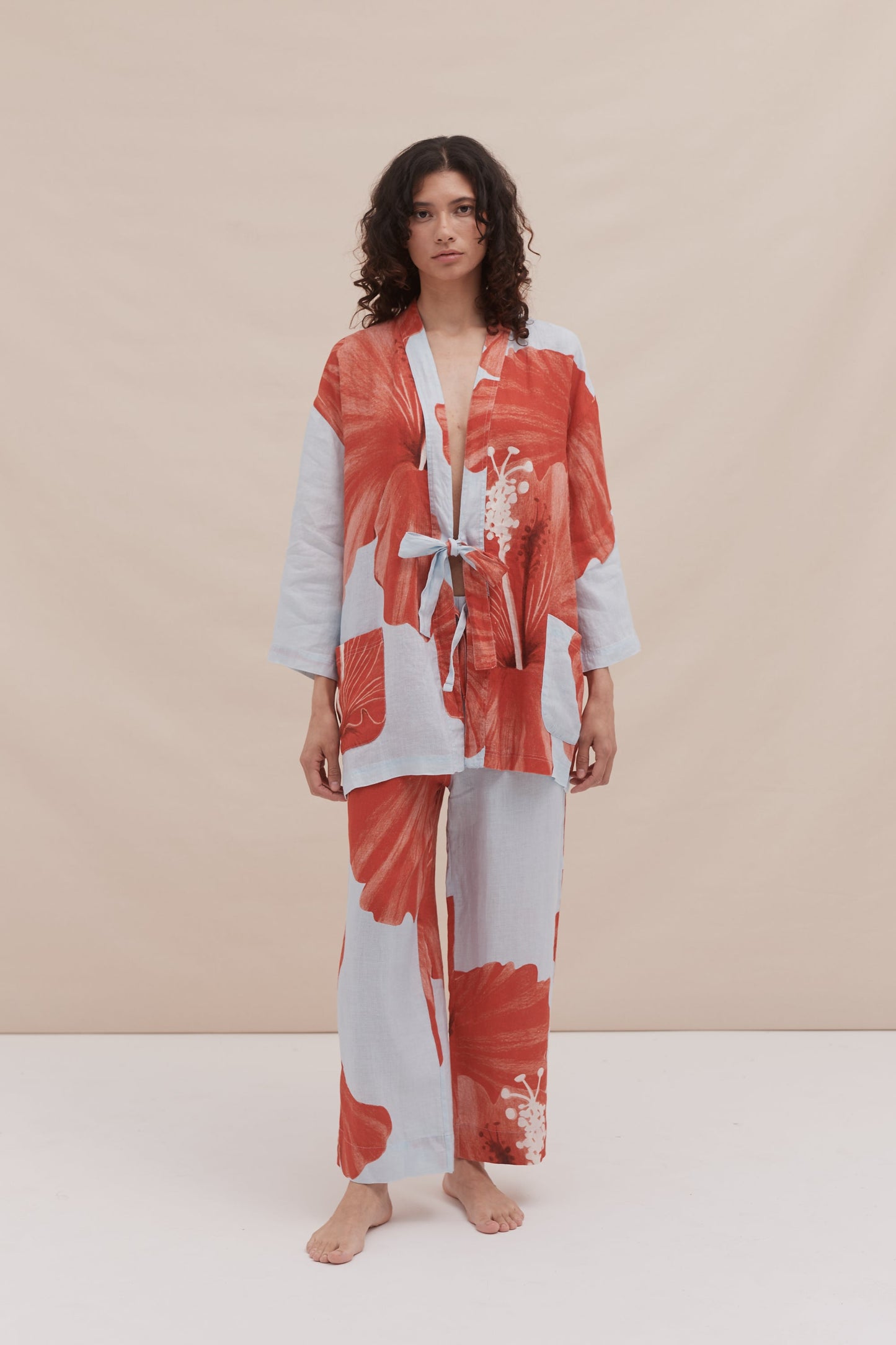 Wrap Set Grand Hibiscus Print Blue/Red Linen
