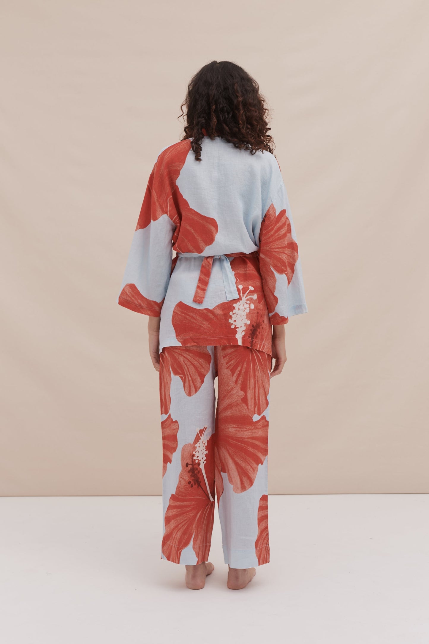 Wrap Set Grand Hibiscus Print Blue/Red Linen