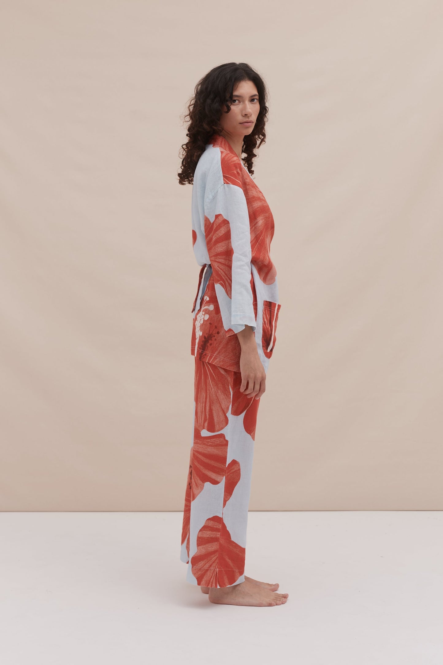 Wrap Set Grand Hibiscus Print Blue/Red Linen