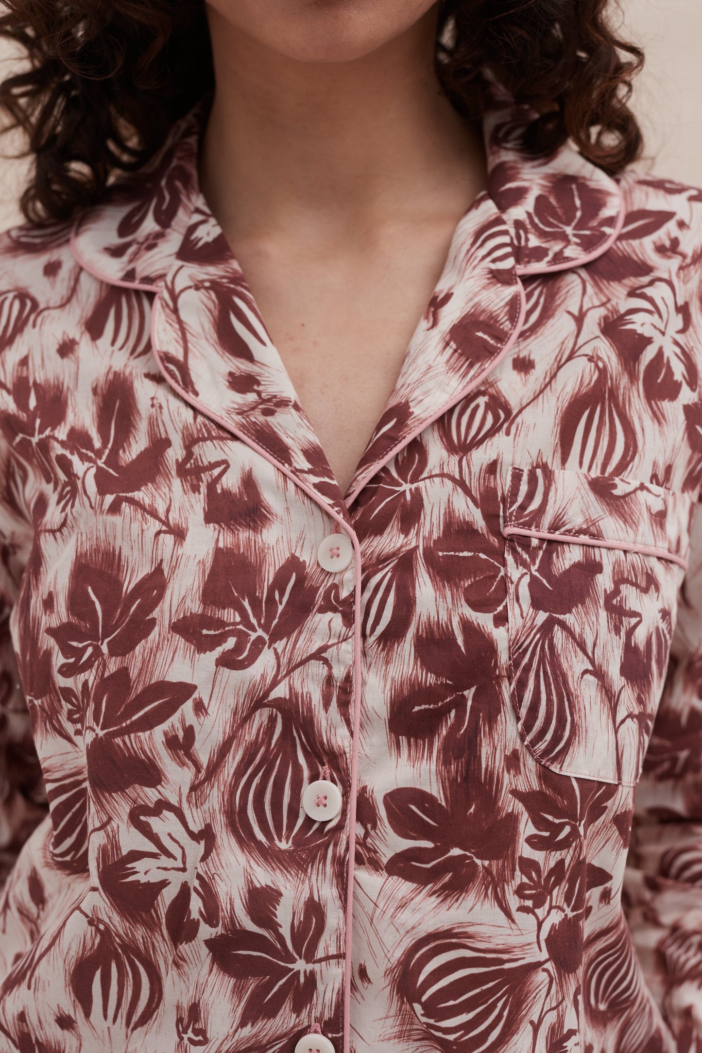 Long Pyjama Set Alma Fig Print Burgundy/Cream and Red/Pink