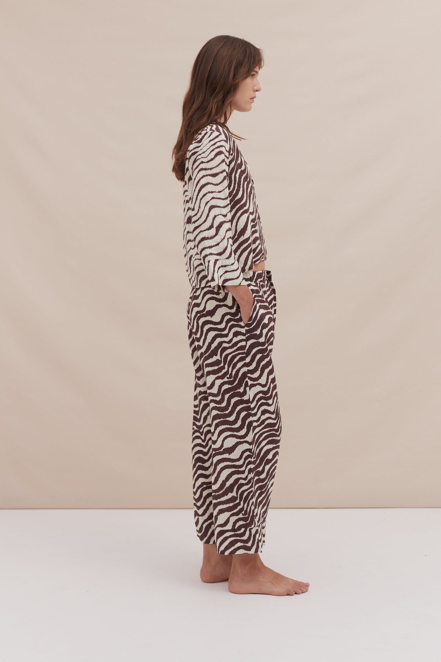 Boxy Shirt and Wide Leg Trouser Set Tide Print Cocoa/Cream Linen