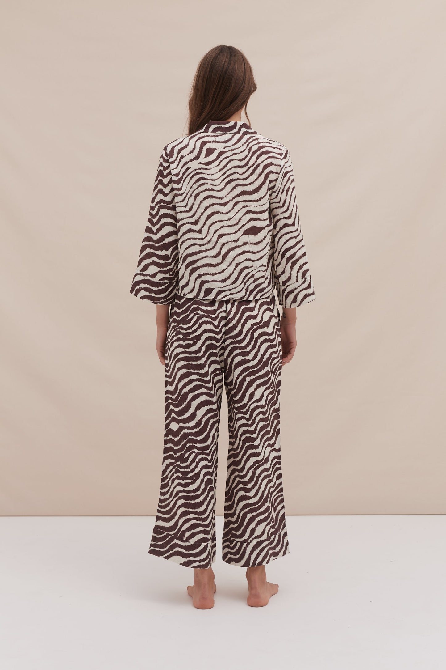 Boxy Shirt and Wide Leg Trouser Set Tide Print Cocoa/Cream Linen