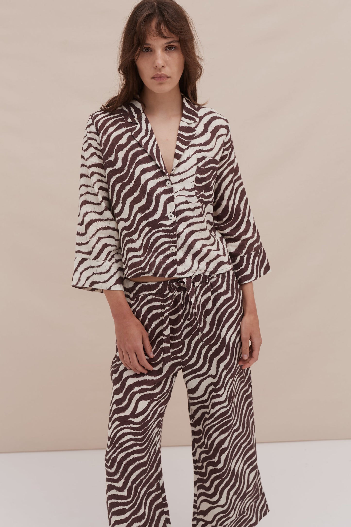 Boxy Shirt and Wide Leg Trouser Set Tide Print Cocoa/Cream Linen