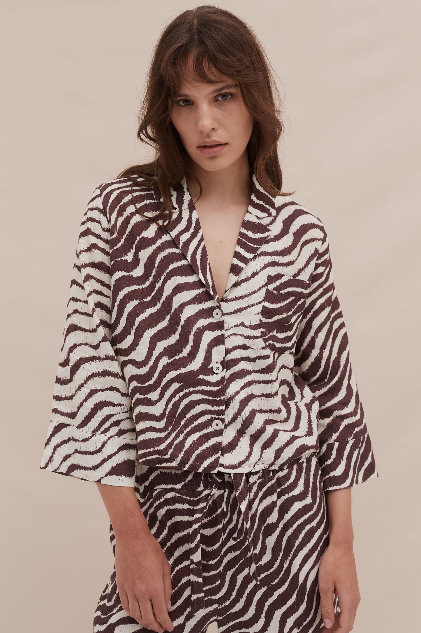 Boxy Shirt and Wide Leg Trouser Set Tide Print Cocoa/Cream Linen