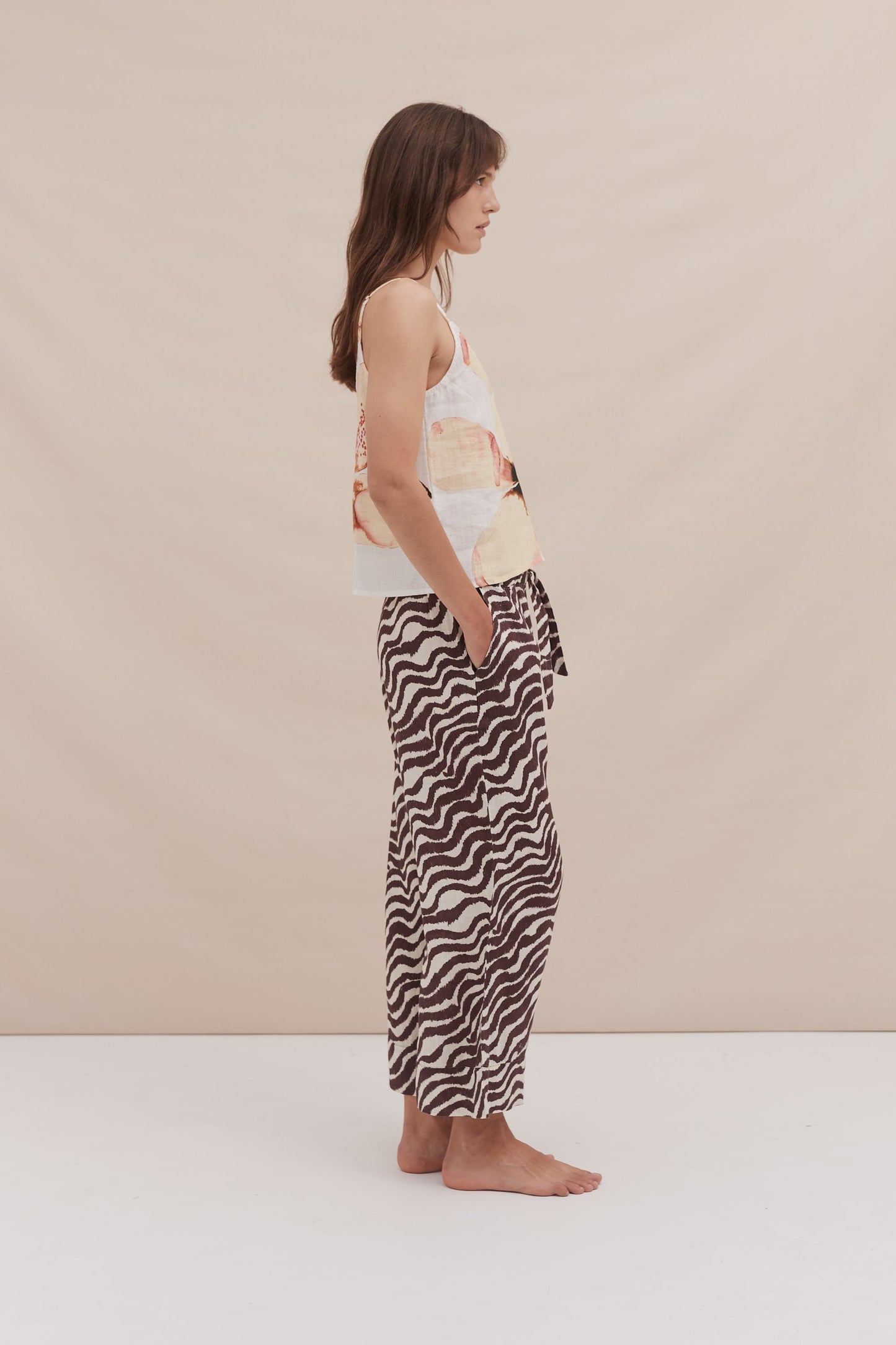 Cami Top and Wide Leg Trouser Set Hibiscus/Tide Print Yellow/Cocoa/Cream Linen