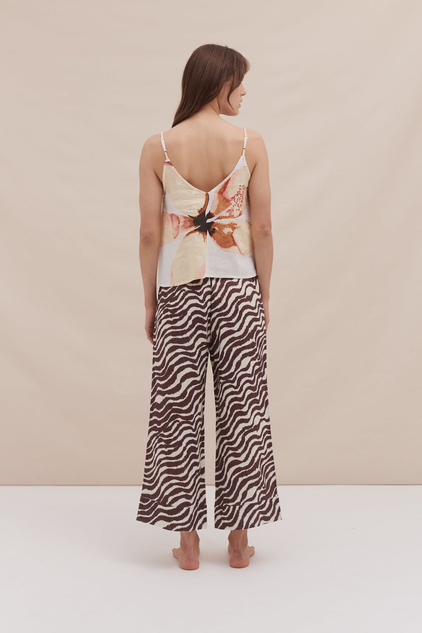 Cami Top and Wide Leg Trouser Set Hibiscus/Tide Print Yellow/Cocoa/Cream Linen