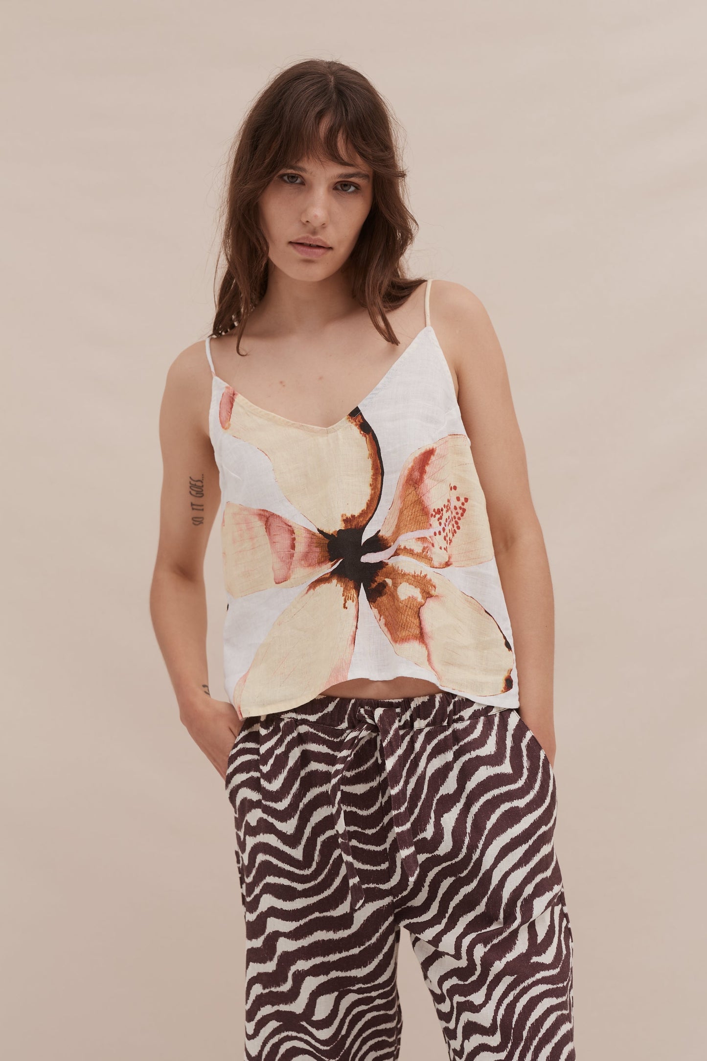 Cami Top and Wide Leg Trouser Set Hibiscus/Tide Print Yellow/Cocoa/Cream Linen
