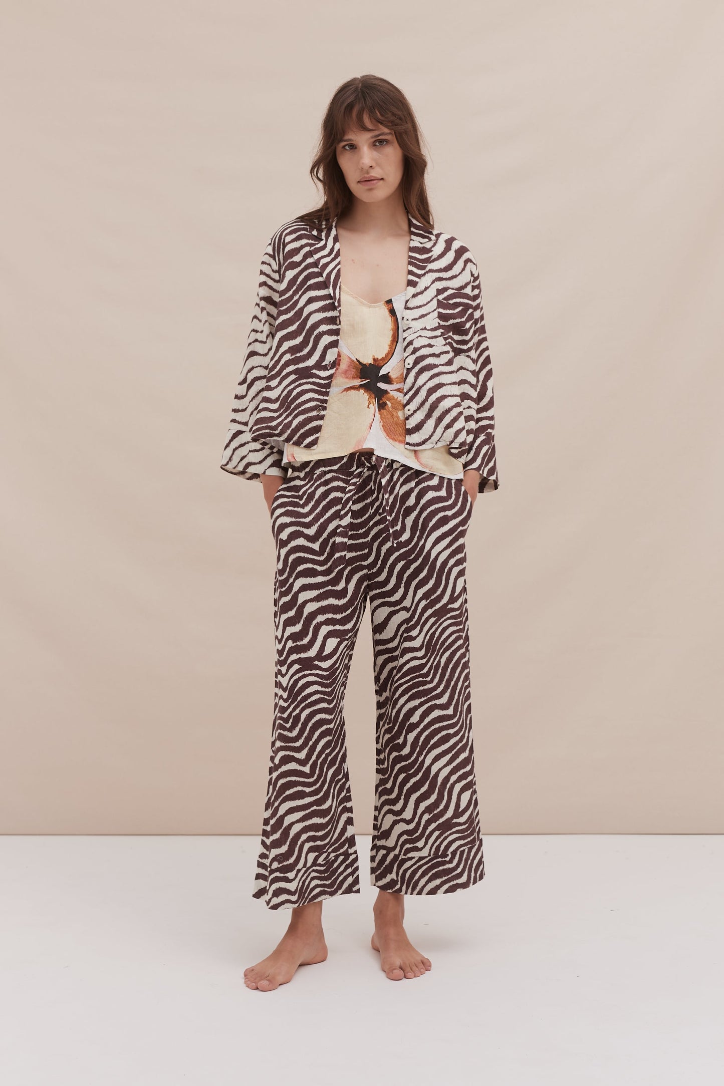 Boxy Shirt, Cami Top and Wide Leg Trouser Set Hibiscus/Tide Print Yellow/Cocoa/Cream Linen