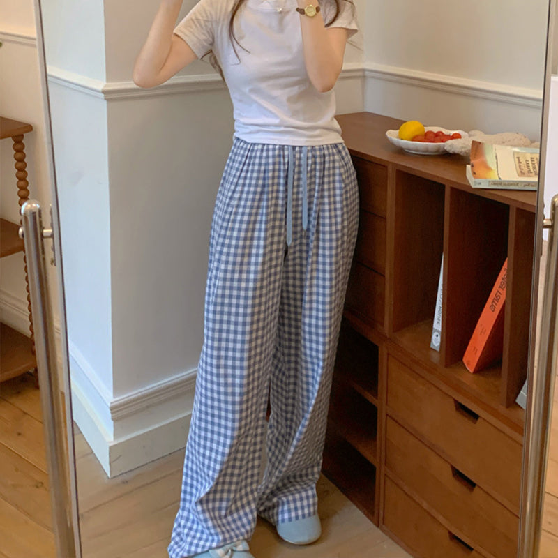 Blue Check Elastic Waist Lounge Pants