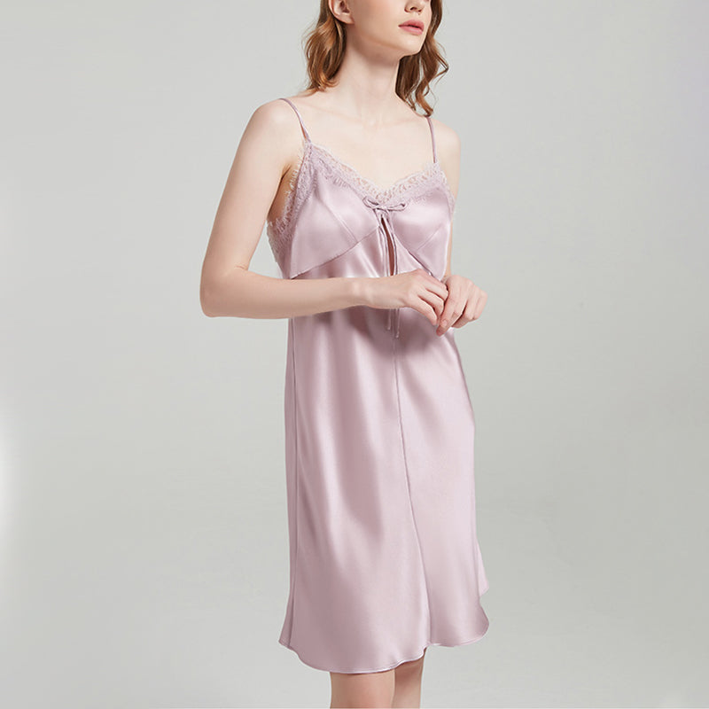Silk Suspender Dress With Lace And Bowknot Nightdress