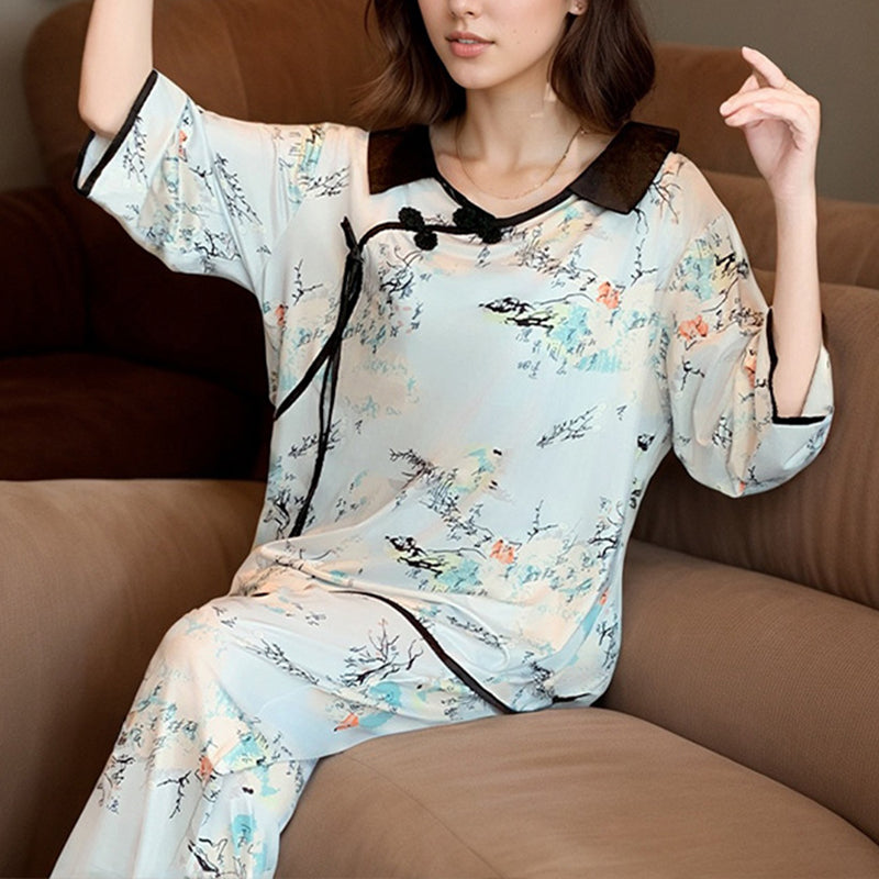 Long Sleeve V-Neck Printed Silk Pajama Set