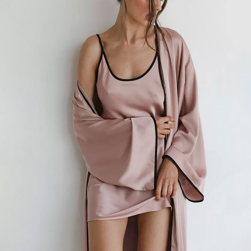 Long Sleeves Satin Wrap Midi Robes