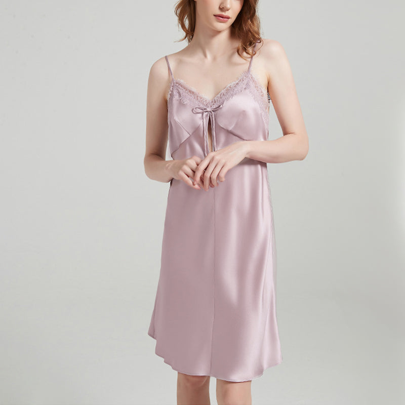 Silk Suspender Dress With Lace And Bowknot Nightdress