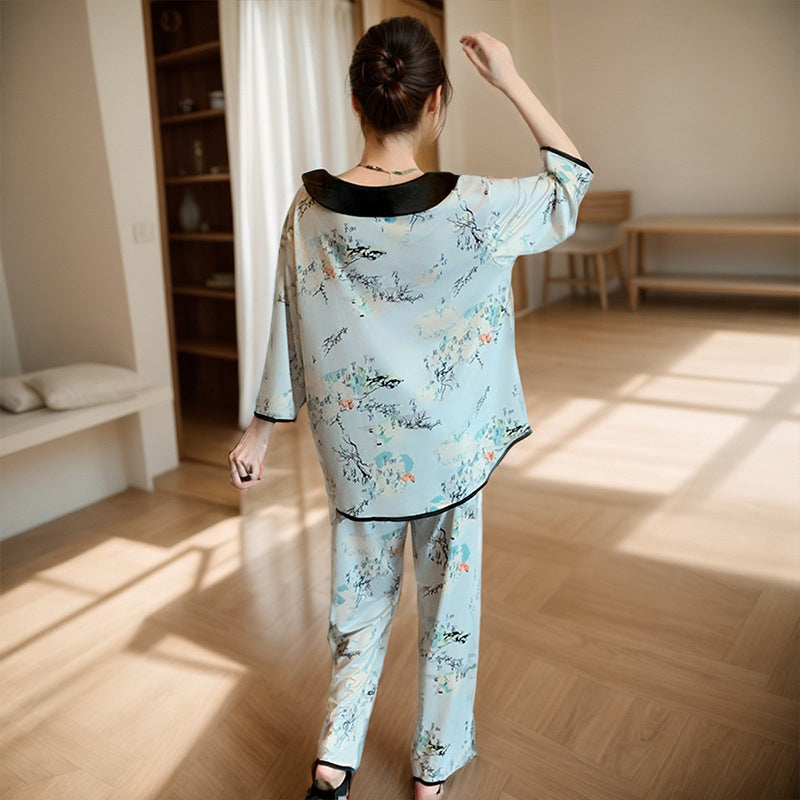 Long Sleeve V-Neck Printed Silk Pajama Set