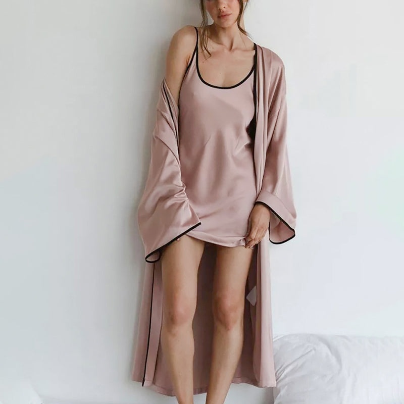 Long Sleeves Satin Wrap Midi Robes