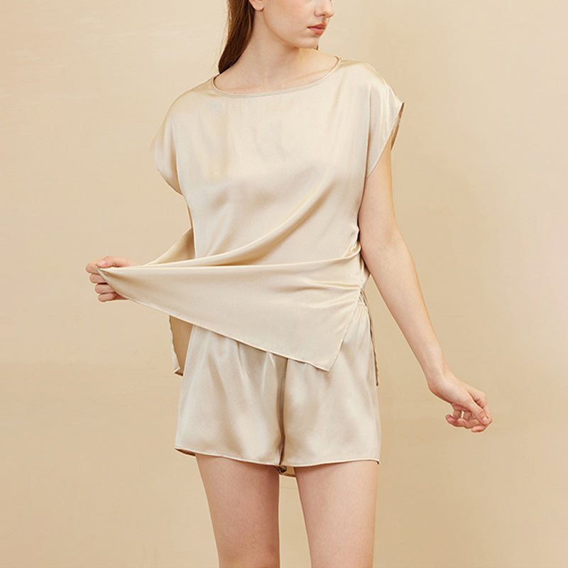 100% Mulberry Silk Sleeveless Shorts Set Heavy Silk Pajamas