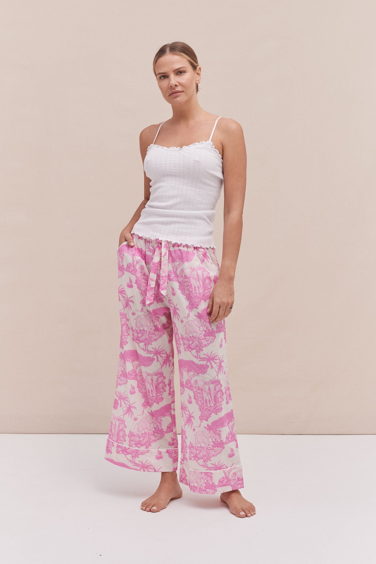 Soft V Tank Top & Wide Leg Trouser Set White/Loxodonta Print Pink