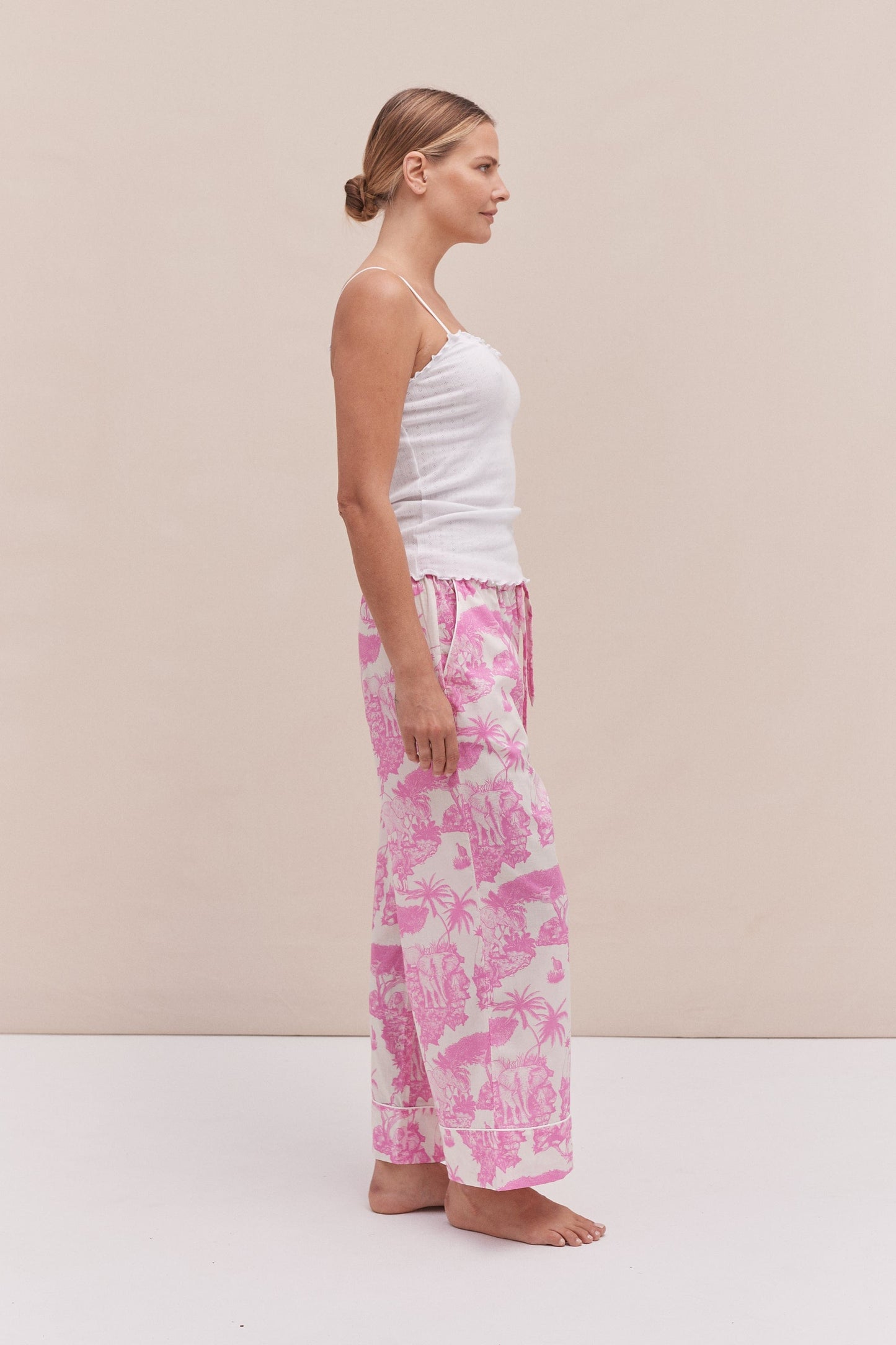 Soft V Tank Top & Wide Leg Trouser Set White/Loxodonta Print Pink