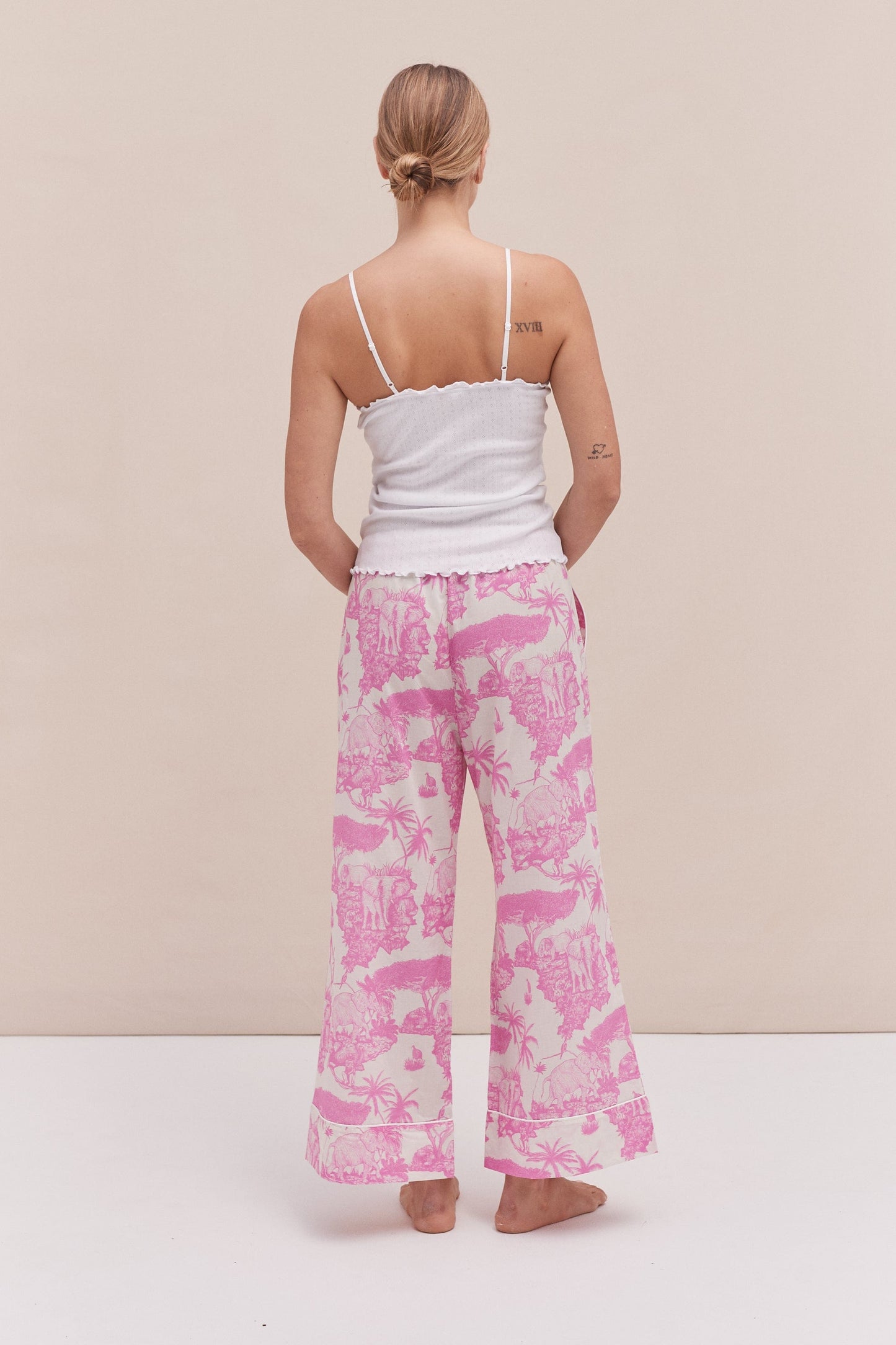 Soft V Tank Top & Wide Leg Trouser Set White/Loxodonta Print Pink