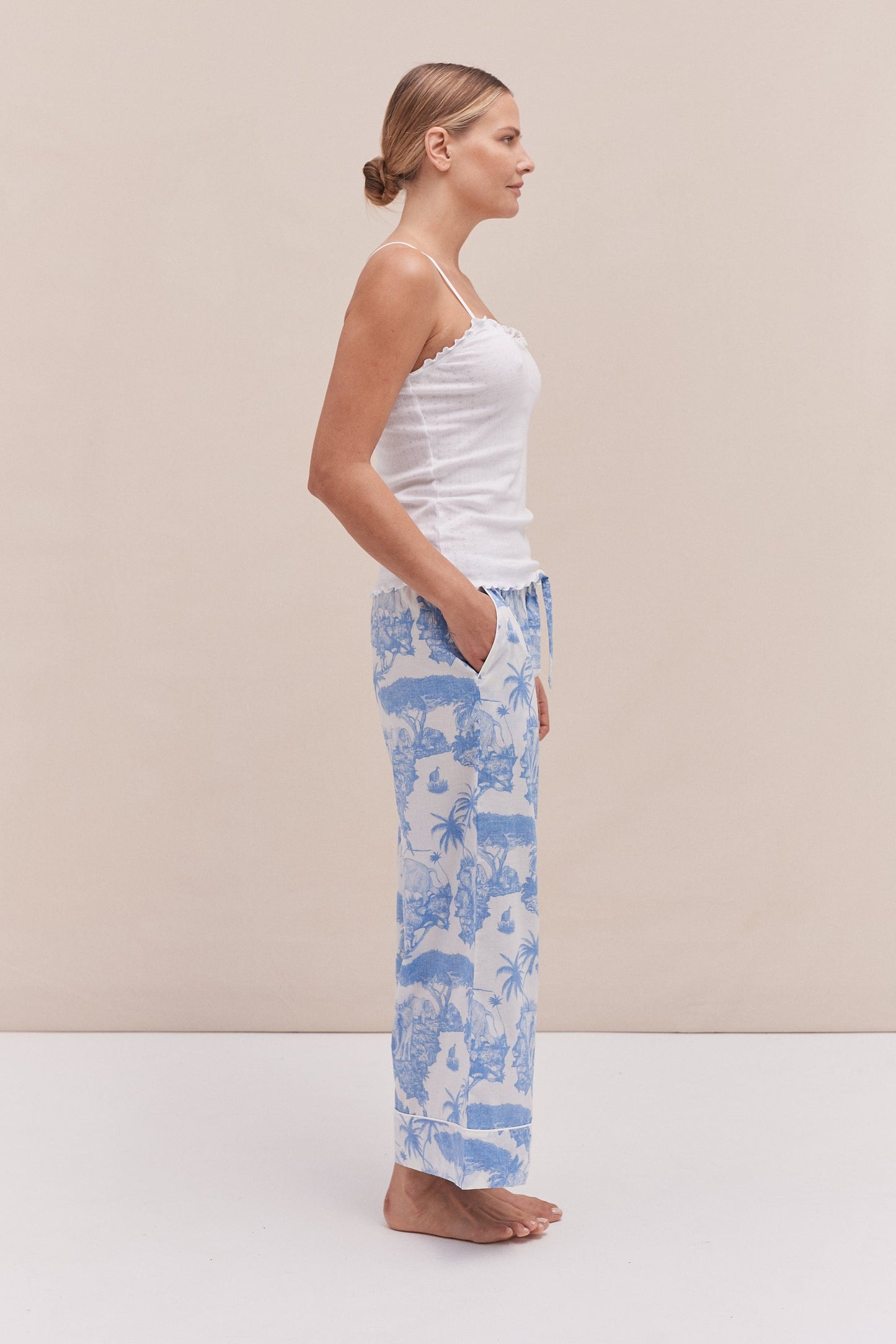 Soft V Tank Top & Wide Leg Trouser Set White/Loxodonta Print Blue