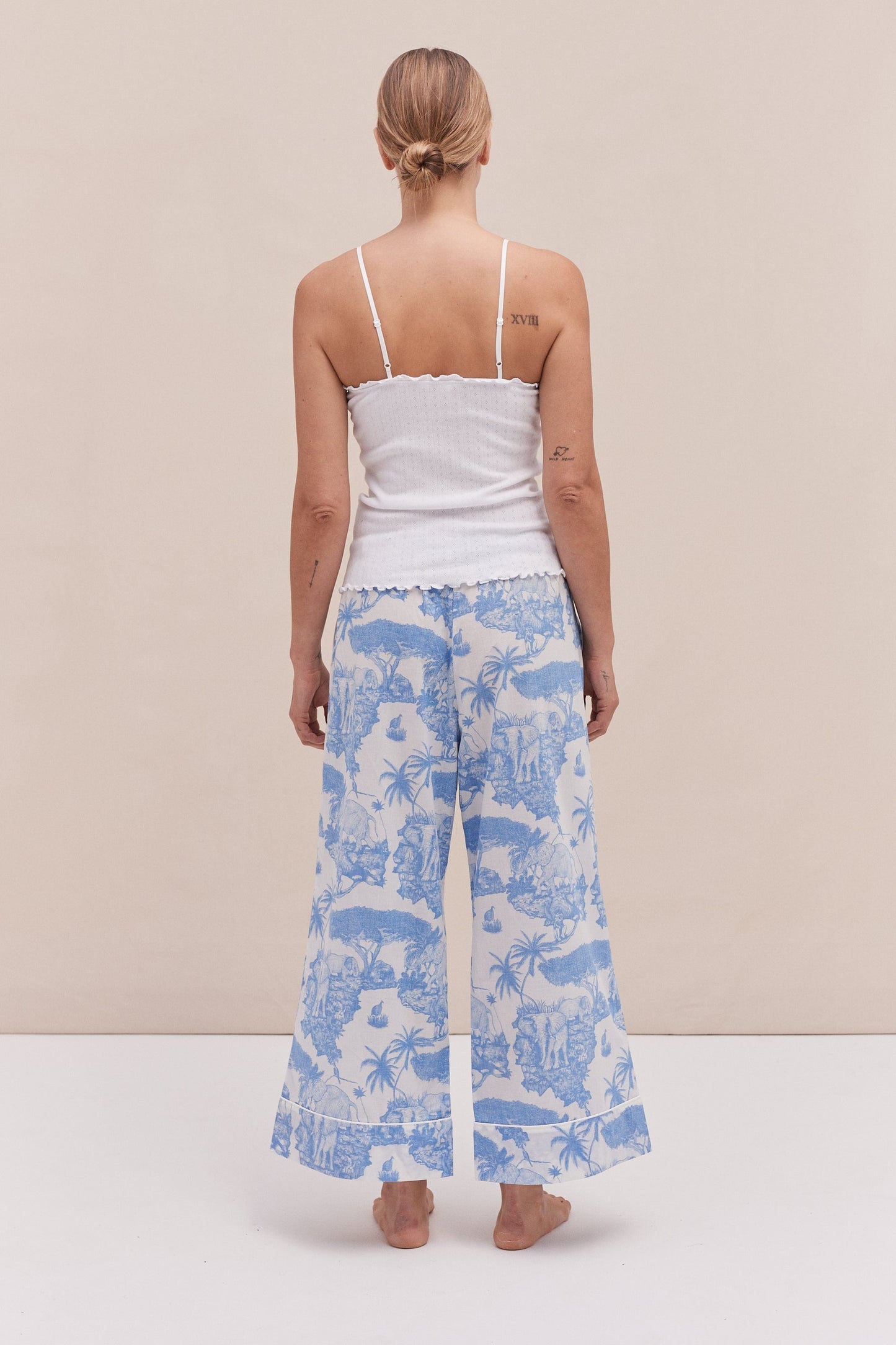 Soft V Tank Top & Wide Leg Trouser Set White/Loxodonta Print Blue