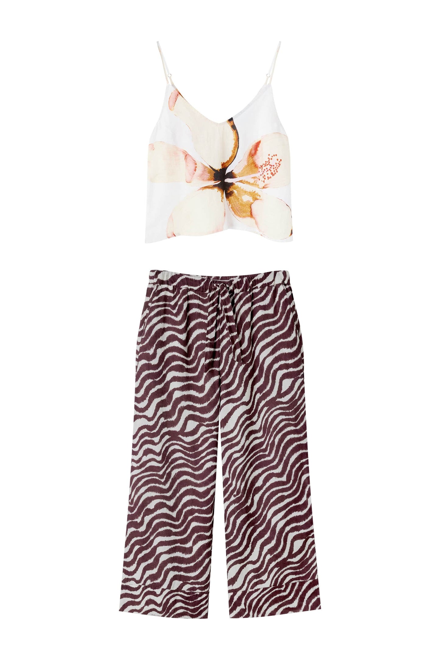 Cami Top and Wide Leg Trouser Set Hibiscus/Tide Print Yellow/Cocoa/Cream Linen