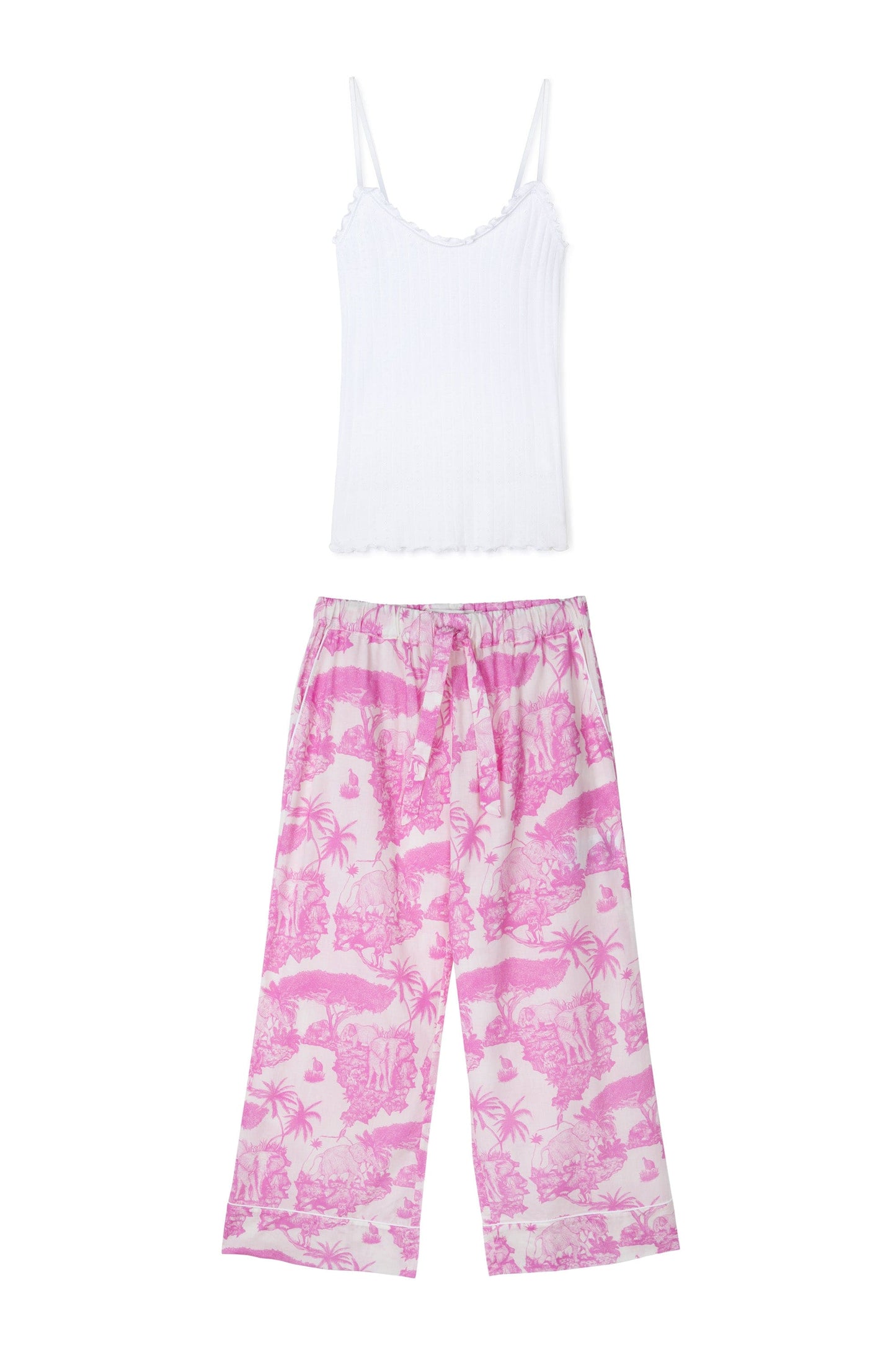 Soft V Tank Top & Wide Leg Trouser Set White/Loxodonta Print Pink