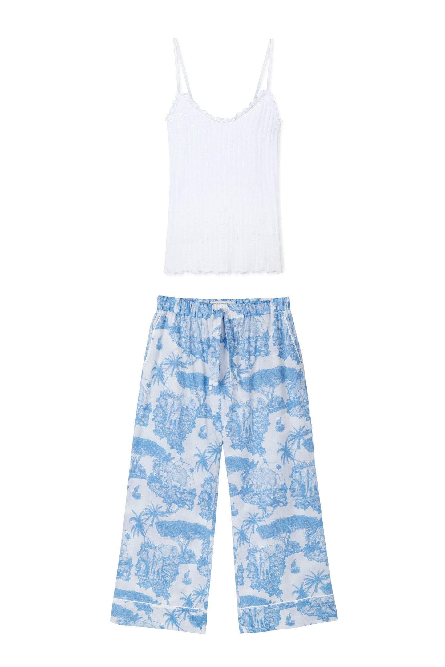 Soft V Tank Top & Wide Leg Trouser Set White/Loxodonta Print Blue