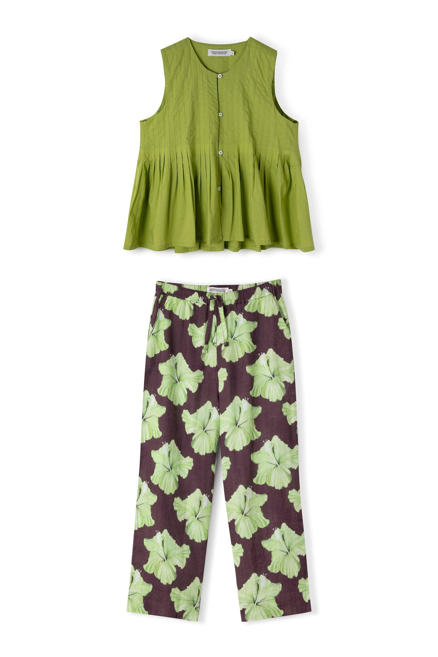 Pleated Cami and Pocket Trousers Set Plain/Grand Hibiscus Print Cocoa/Lime