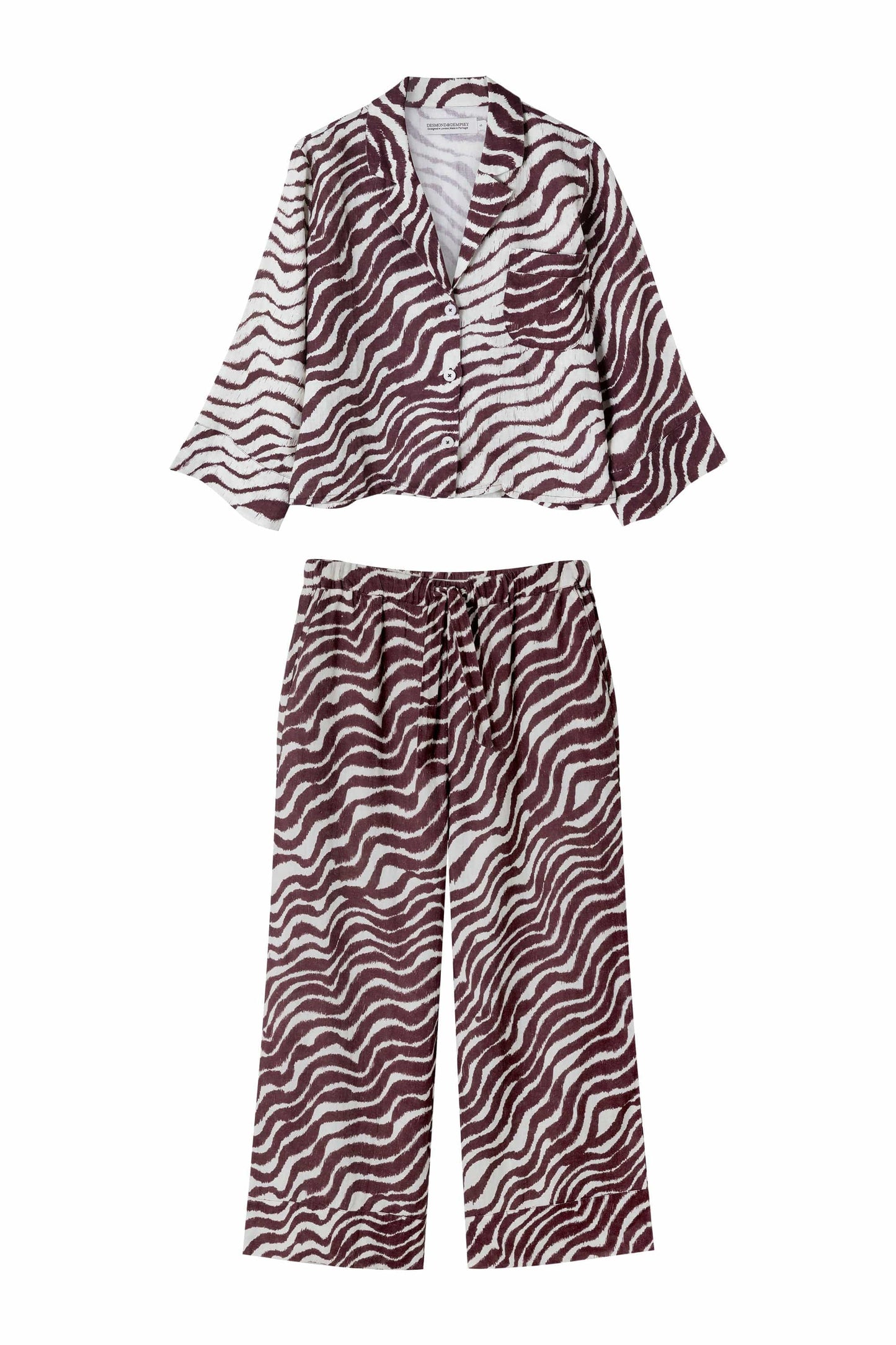 Boxy Shirt and Wide Leg Trouser Set Tide Print Cocoa/Cream Linen