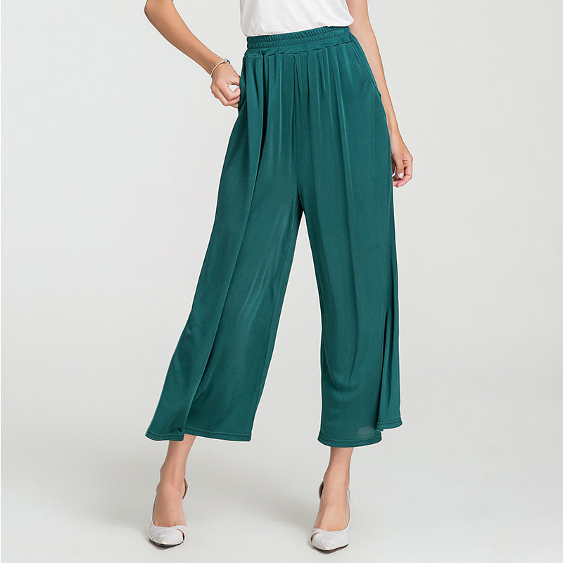 Silk Solid Color High Waist Wide Leg Pants