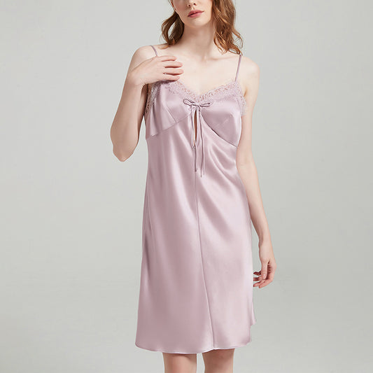 Silk Suspender Dress With Lace And Bowknot Nightdress