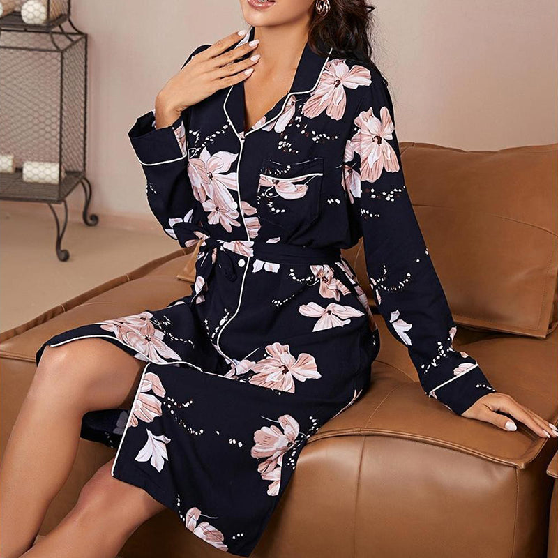 Sexy Long-Sleeved Lace-Up Printed Nightdress