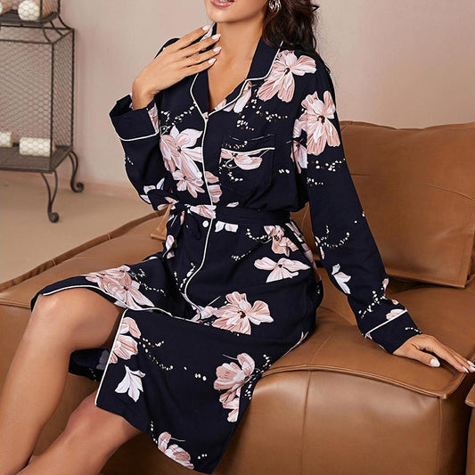 Sexy Long-Sleeved Lace-Up Printed Nightdress