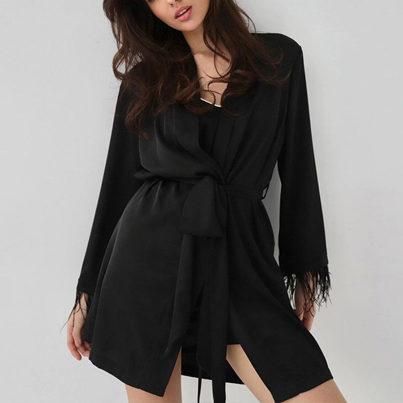 Feather Patchwork Long-Sleeved Short Robes