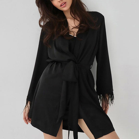 Feather Patchwork Long-Sleeved Short Robes