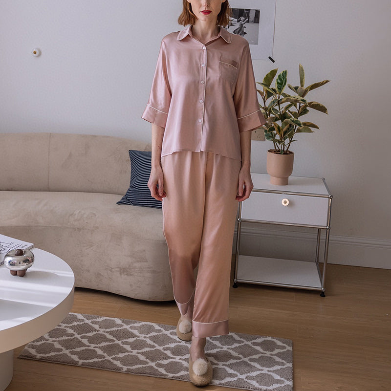 Silk Elbow Sleeve Trousers Pajama set