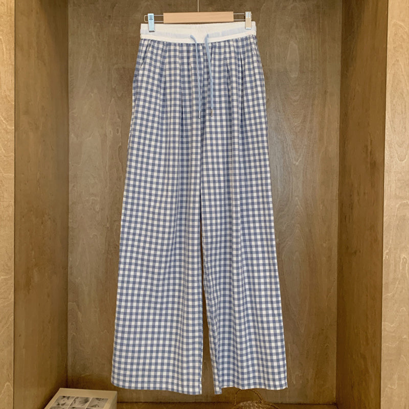 Blue Check Elastic Waist Lounge Pants