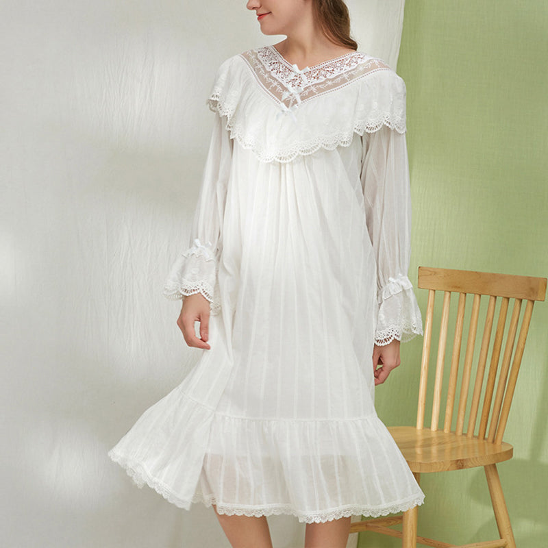 White Long Sleeve Lace Princess Nightdress