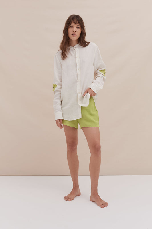 Grandad Collar Shirt & Easy Short Set Embroidered Cream/Lime Linen