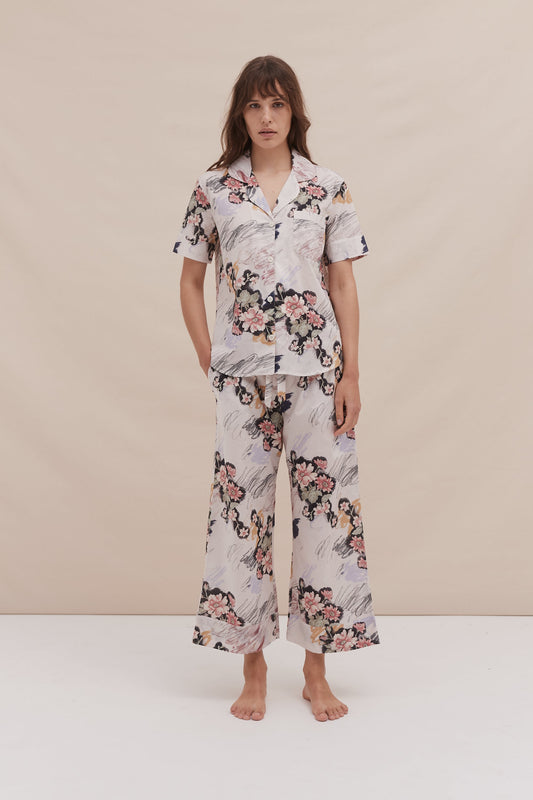 Short Sleeve and Wide Leg Trouser Set Love Print Chalk