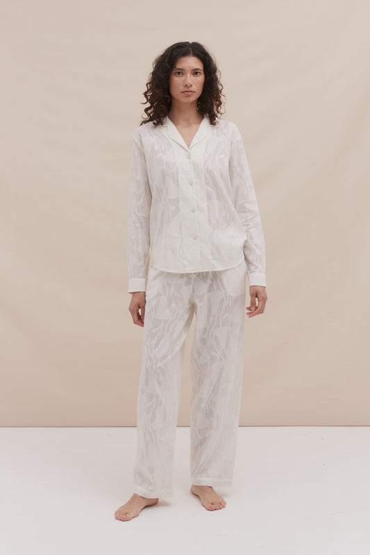 Long Pyjama Set Jacquard Floral White